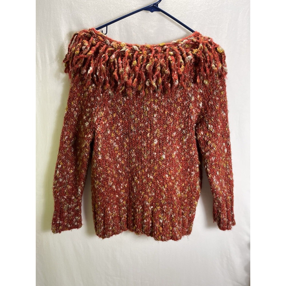 Ruby Rd Rust Orange Boucle Fringe Cowl Neck Long Sleeve Sweater Textured Women L